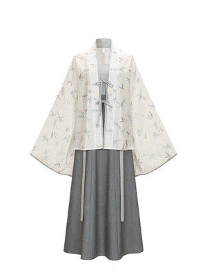 Complete white dew jin style set bamboo shadows swallow whispers tencel pleated robe rayon camisole flowing skirt full length view