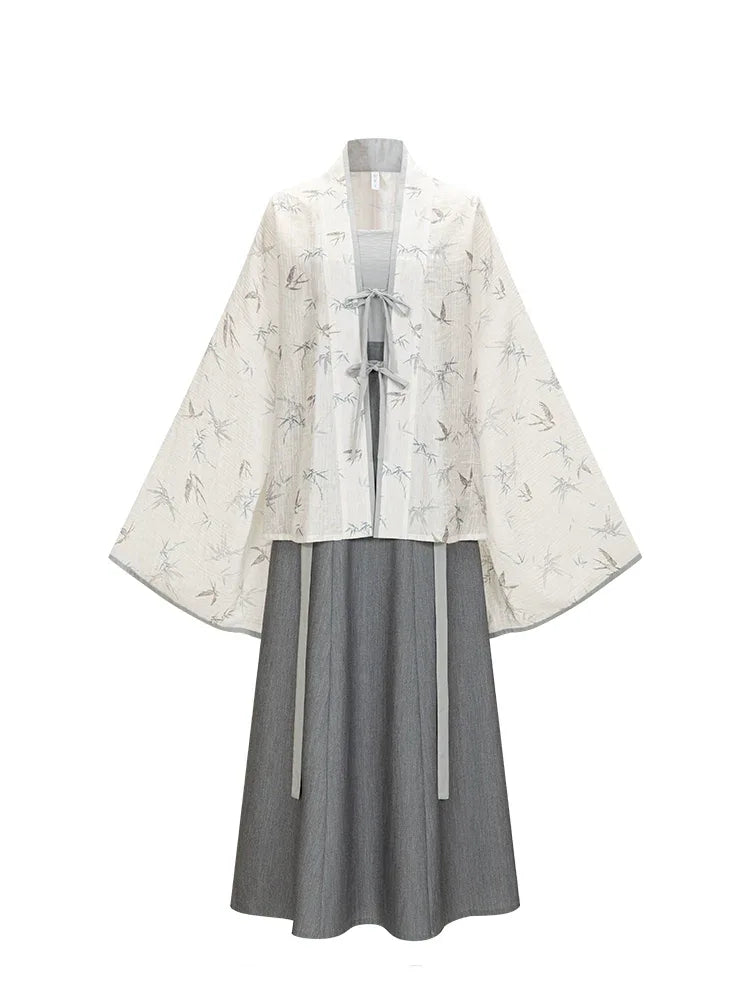 Complete white dew jin style set bamboo shadows swallow whispers tencel pleated robe rayon camisole flowing skirt full length view