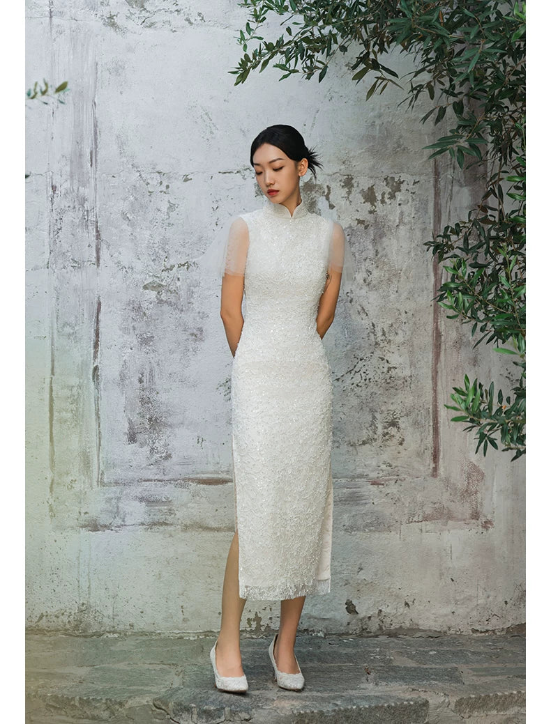 White Lace Cheongsam Wedding dress| Modified Sleeveless Qipao | Toast & Wedding Dress | Standard & Custom Made | XSXL - White / XS White Lace Cheongsam Wedding dress| Modified Sleeveless Qipao | Toast & Wedding Dress | Standard & Custom Made | XSXL - White / XS