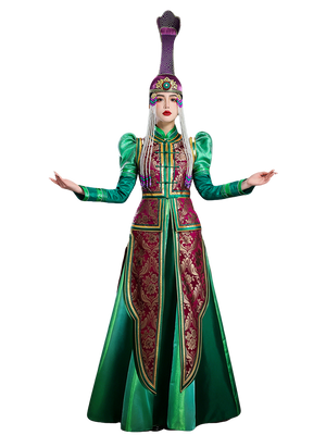 Complete women mongolian green set high end ethnic robe dress vest for dance performance photography catwalk wedding full length view

