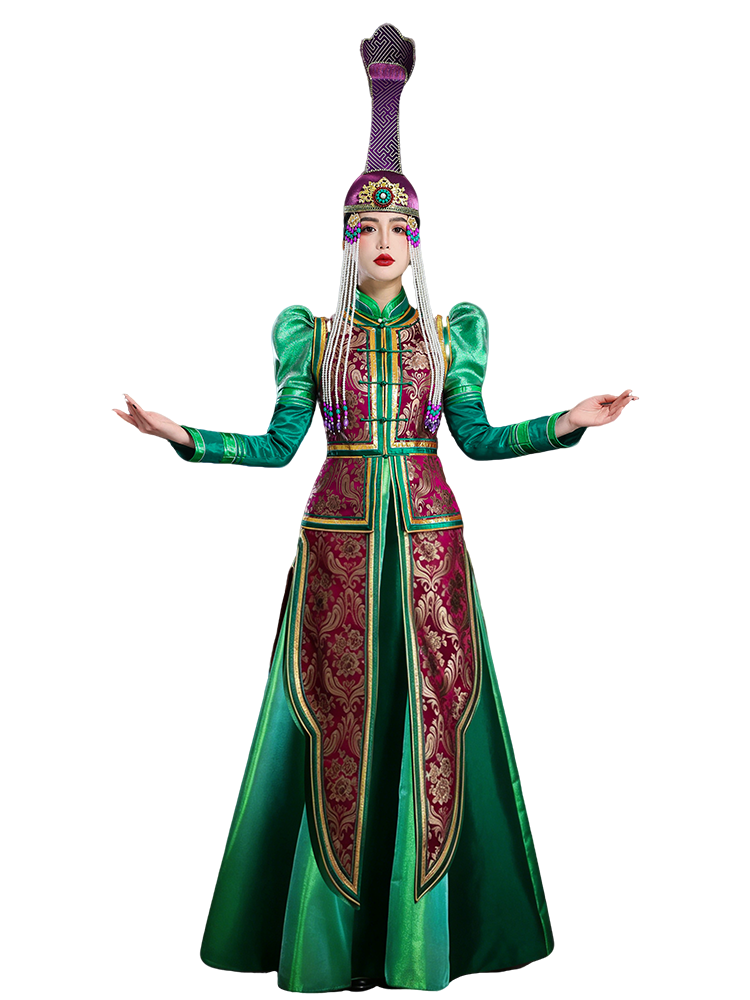 Complete women mongolian green set high end ethnic robe dress vest for dance performance photography catwalk wedding full length view

