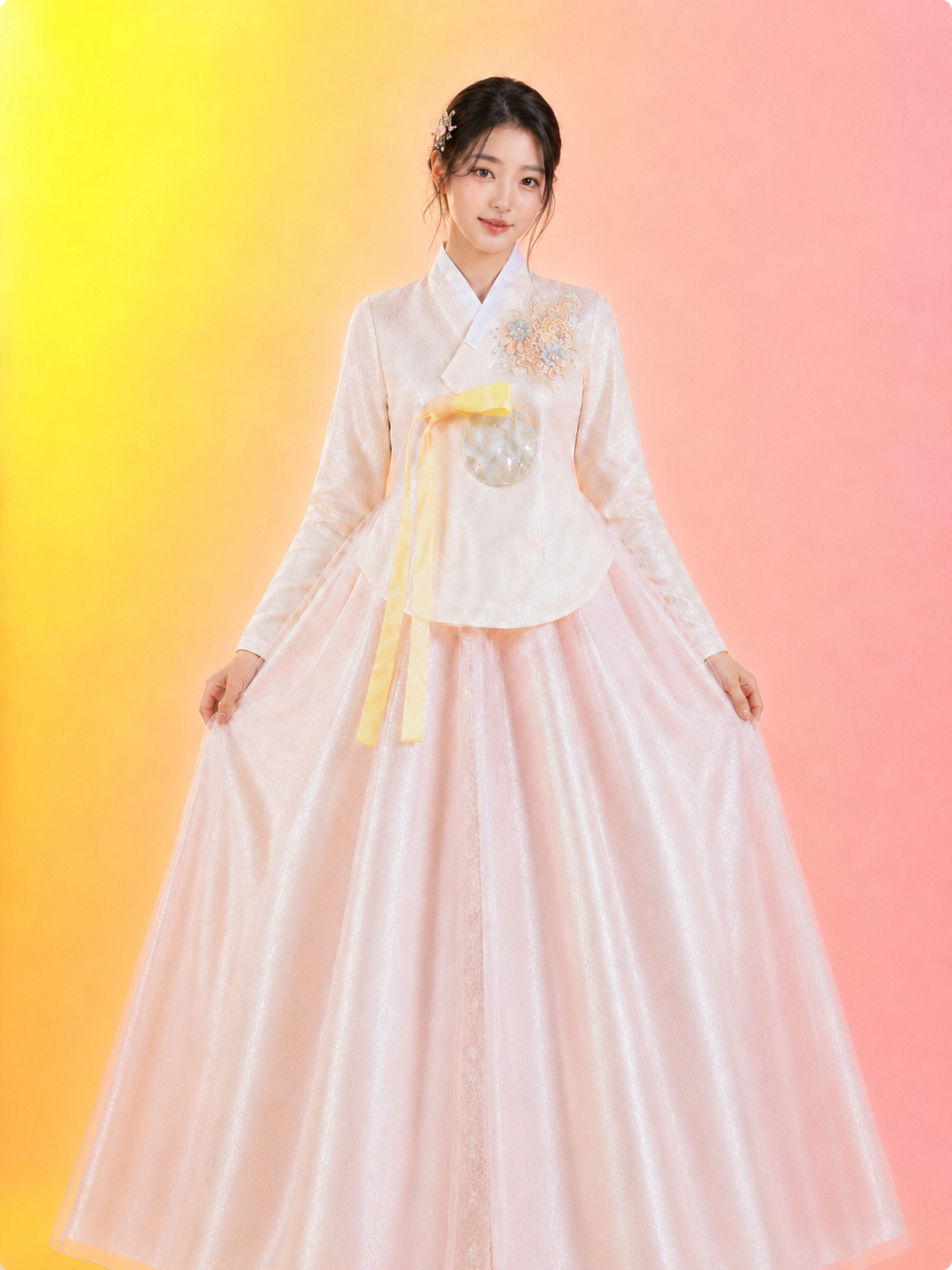 Complete women hanbok set white long sleeve jeogori blush pink full chima skirt with yellow bow elegant bridal style full length view