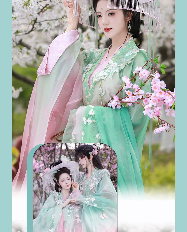 Complete xiaohe embroidery couple set gradual change flower spring outing flower festival hanfu for men and women full length view
