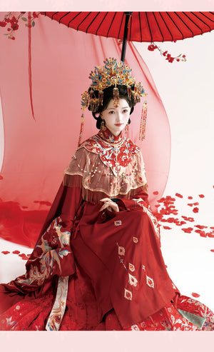 IComplete yan di liangyuan ming dynasty wedding hanfu set traditional chinese bride and groom costume for wedding photoshoot full length view

