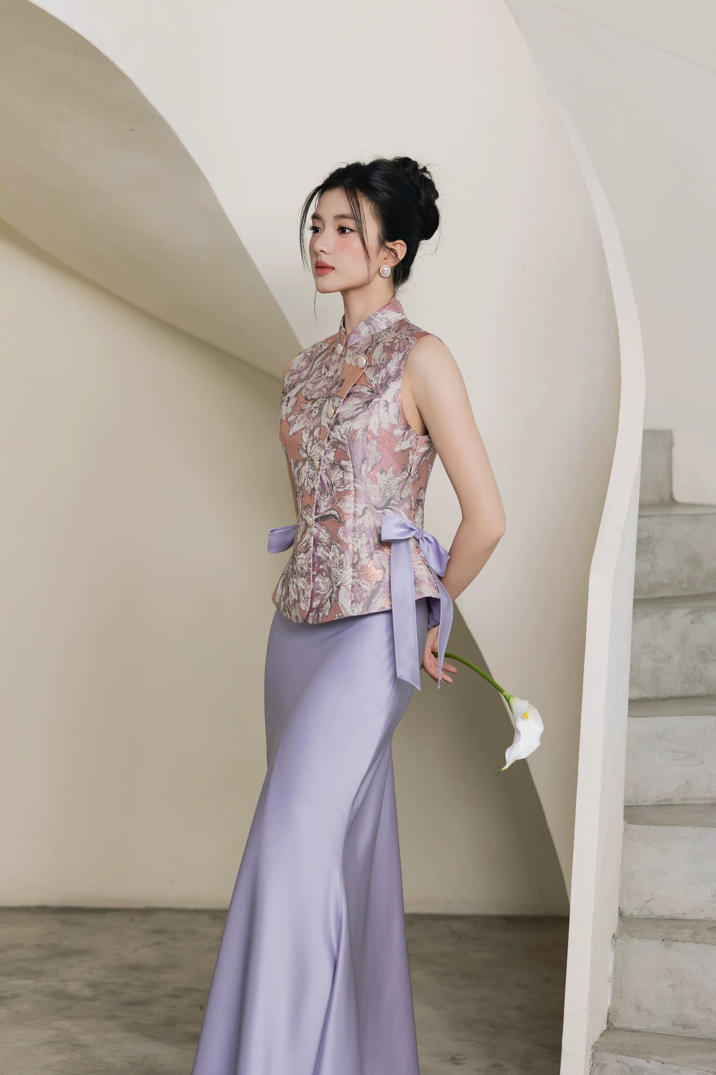  Complete yanzi new chinese set purple jacquard vest cheongsam engagement morning gown dress full length view