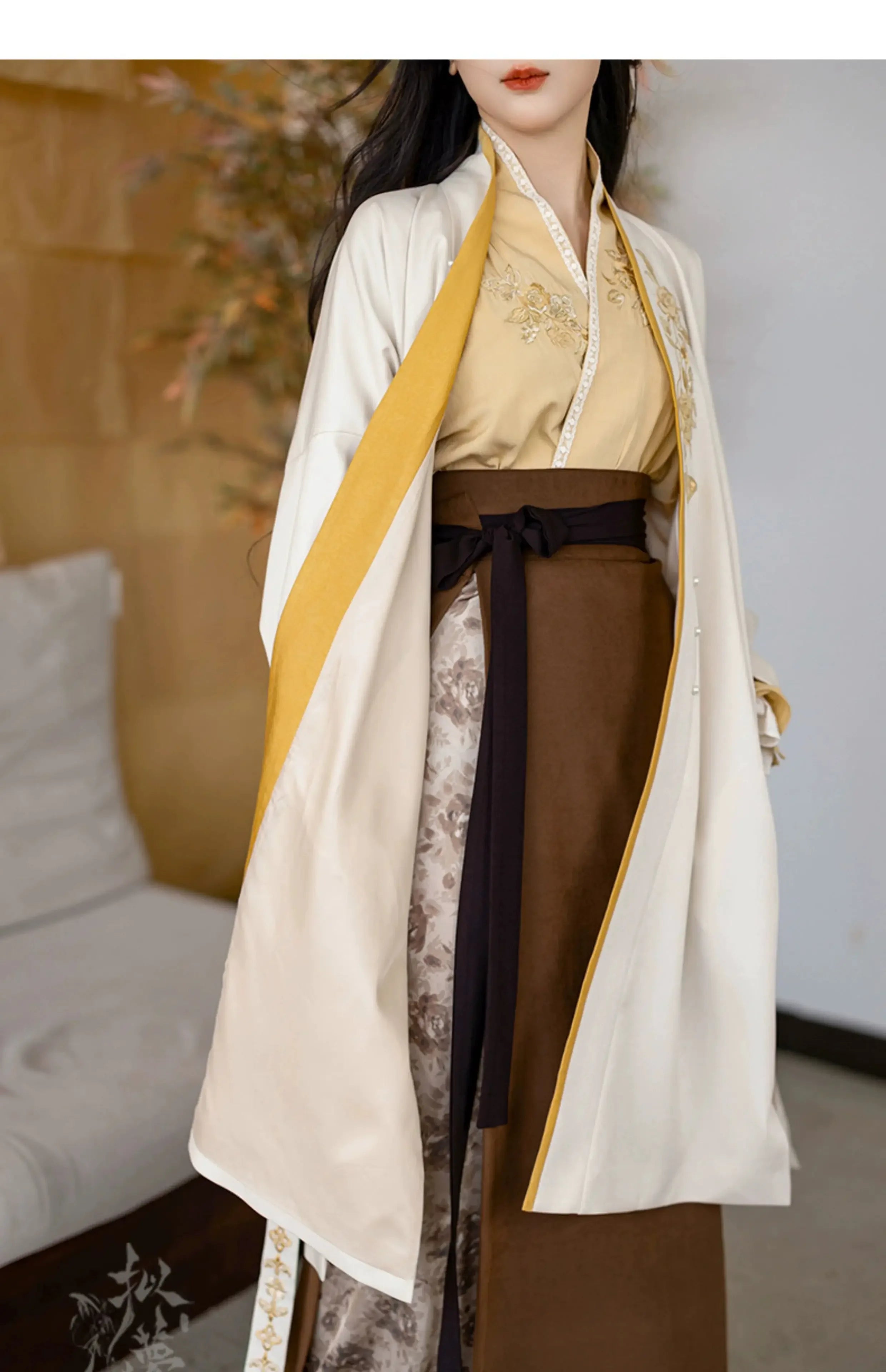 Complete yellow rose new chinese set song inspired coat with flowing sleeve dress everyday hanfu outerwear full length view