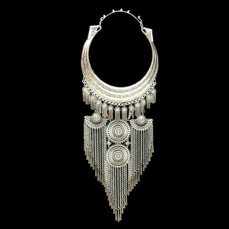 Complete yunnan ethnic miao set exaggerated large collar silver pendant necklace for performance full length view