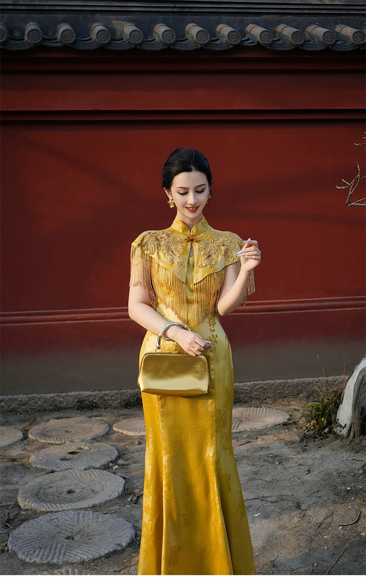 Complete zhiye jinchan new chinese set mulberry silk bead embroidered tassel cloud shoulder fishtail cheongsam full length view