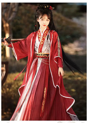Red modern hanfu dress for women, blending traditional Song Dynasty elegance with contemporary style. Crafted from luxurious silk, this hanfu includes an optional matching coat or jacket, making it suitable for winter, casual outings, or formal occasions like graduations. Available at our online hanfu shop, offering a range of authentic hanfu for sale, this piece combines the beauty of classic Chinese clothing with modern fashion elements from top Chinese brands. Perfect for anyone looking for where to buy 