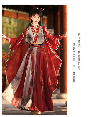 Red modern hanfu dress for women, blending traditional Song Dynasty elegance with contemporary style. Crafted from luxurious silk, this hanfu includes an optional matching coat or jacket, making it suitable for winter, casual outings, or formal occasions like graduations. Available at our online hanfu shop, offering a range of authentic hanfu for sale, this piece combines the beauty of classic Chinese clothing with modern fashion elements from top Chinese brands. Perfect for anyone looking for where to buy 