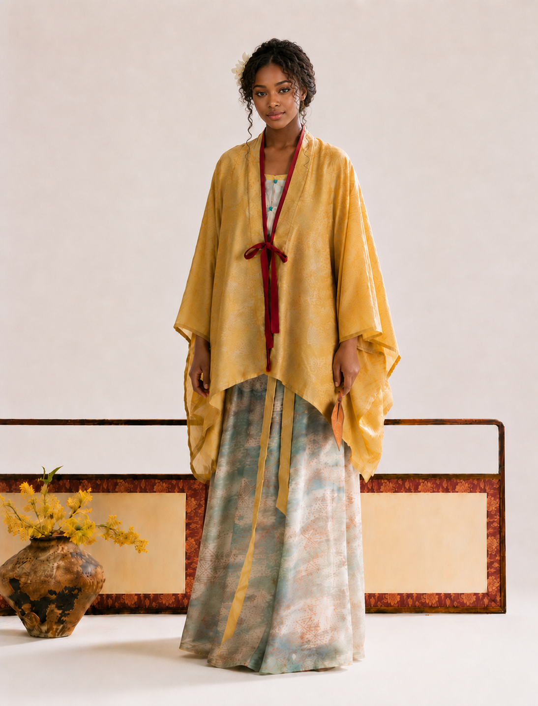 Daily commute modern hanfu mustard yellow tang dynasty cardigan wide sleeve sun protection top and printed wide leg pants summer for women fabric detail