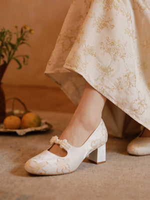 Dancing embroidery edge original national style single shoes new chinese style mary jane women shoes with pearl buckles thick heels with cheongsam skirts

