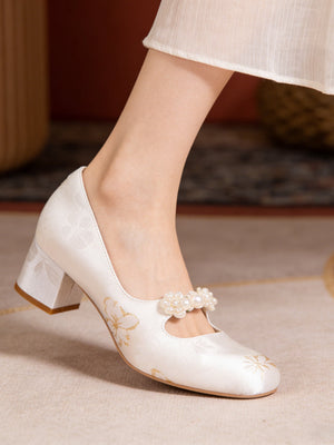Dancing embroidery edge pearl buckle shoes national style new chinese mary jane women thick heel for cheongsam skirt

