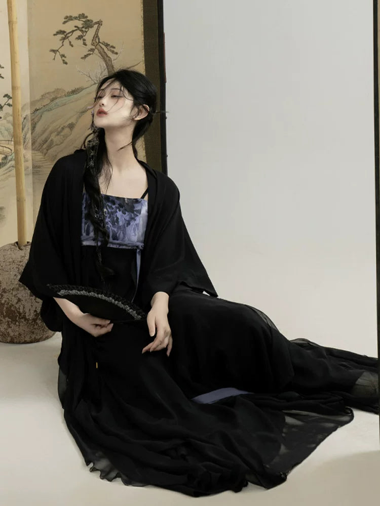 Dark fairy style modern hanfu black wide sleeve sheer robe and blue purple embroidered slip top with layered tulle skirt set for women embroidery detail