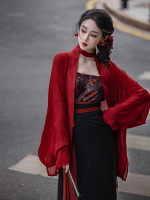  Dark gothic streetwear chinese style modern hanfu red wide sleeve cardigan robe and black lace slip maxi dress set for women lace detail