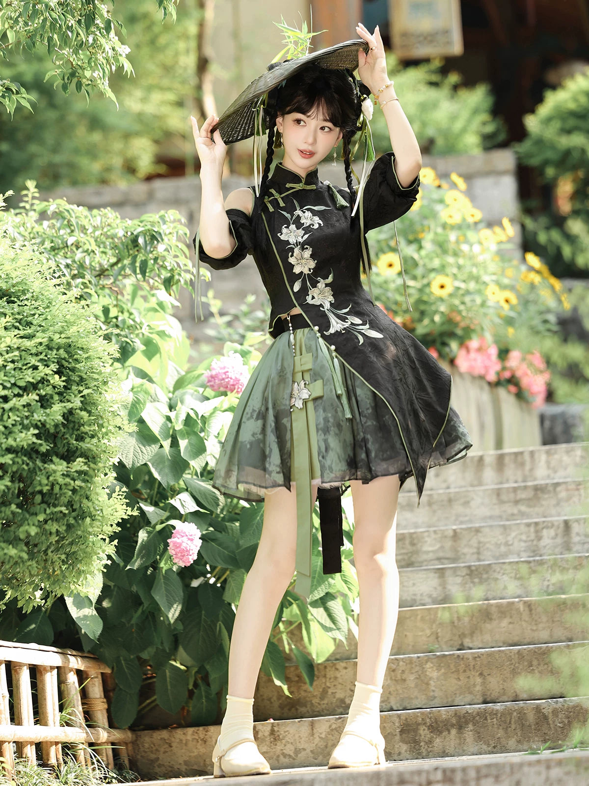Dark green plum blossom lolita hanfu tulle puff skirt with tassel belt gothic vintage set for women back view