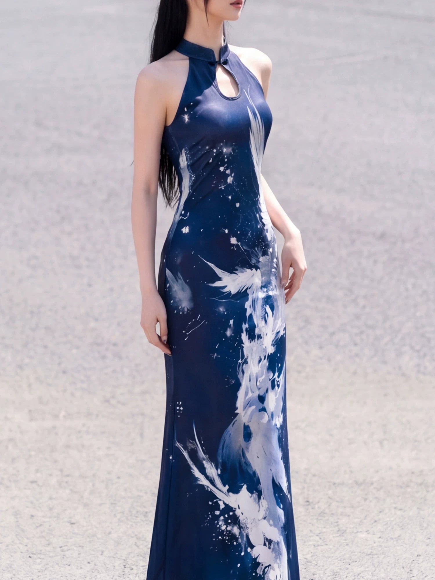 Deep sea phoenix feather cut shoulder cheongsam knitted dress slim fishtail skirt holiday versatile and thin for women front view