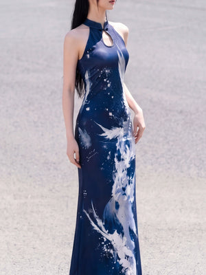 Deep sea phoenix feather cut shoulder cheongsam knitted dress slim fishtail skirt holiday versatile and thin for women front view