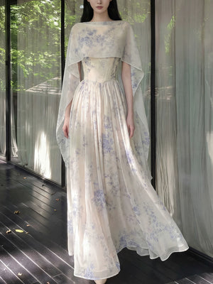  Design sense yarn fog blue white new chinese dress two wear floating yarn shawl temperament long gown standing front