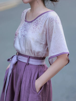 Dream wisteria fendai purple hanfu collection tencel shirt tang beizi sling top and shorts set for women front view

