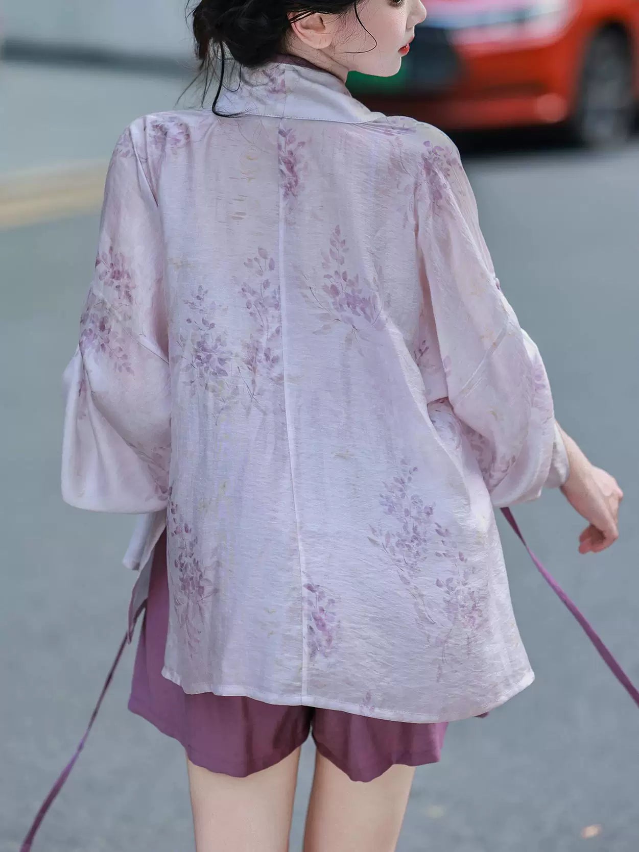 Dream wisteria national style hanfu collection purple tencel shirt tang beizi sling top and shorts outfit fabric detail
