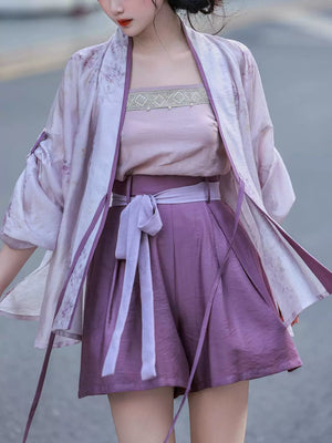 Dream wisteria purple traditional hanfu collection tencel blouse tang beizi sling top with matching shorts back view