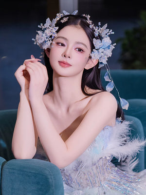  Dreamy mermaid blue hair vine ocean inspired gradient bridal hair piece for formal events standing front