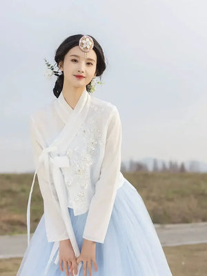 Spring summer blue modern hanbok korean outfit for daily wear and work