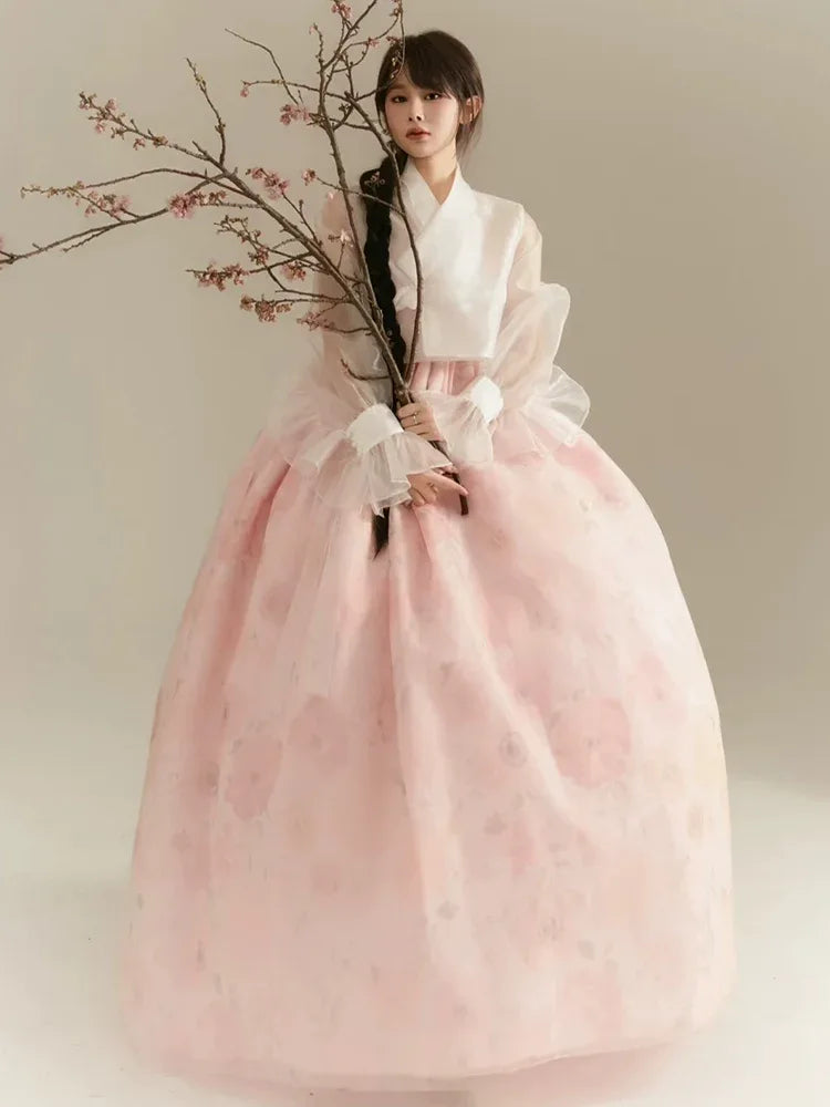 Dreamy pink modern hanbok korean court style dress for solo dance and viral photos
