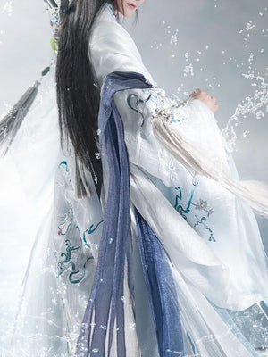 Eight immortals crossing the sea blue white hanfu song made men traditional wear for men summer fabric detail