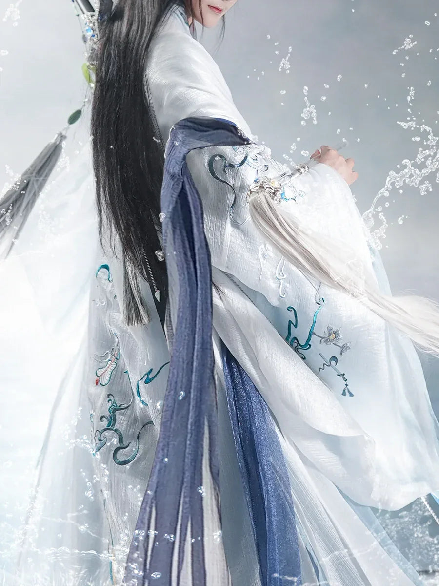 Eight immortals crossing the sea blue white hanfu song made men traditional wear for men summer fabric detail