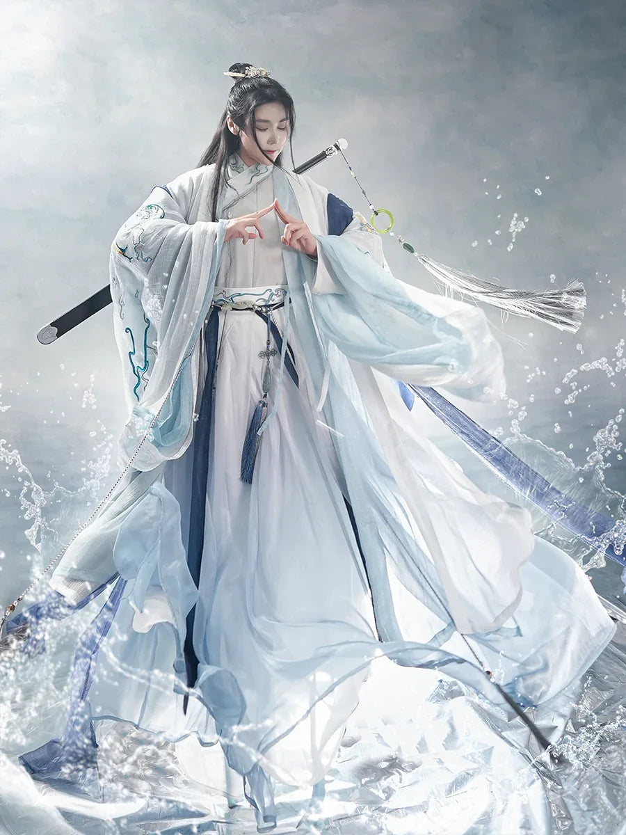 Eight immortals crossing the sea song style hanfu men blue and white hanfu for daily and events back view
