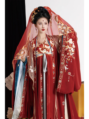 Elegant authentic tang style bridal hanfu custom embroidered red wedding gown with flowing grand sleeves side view