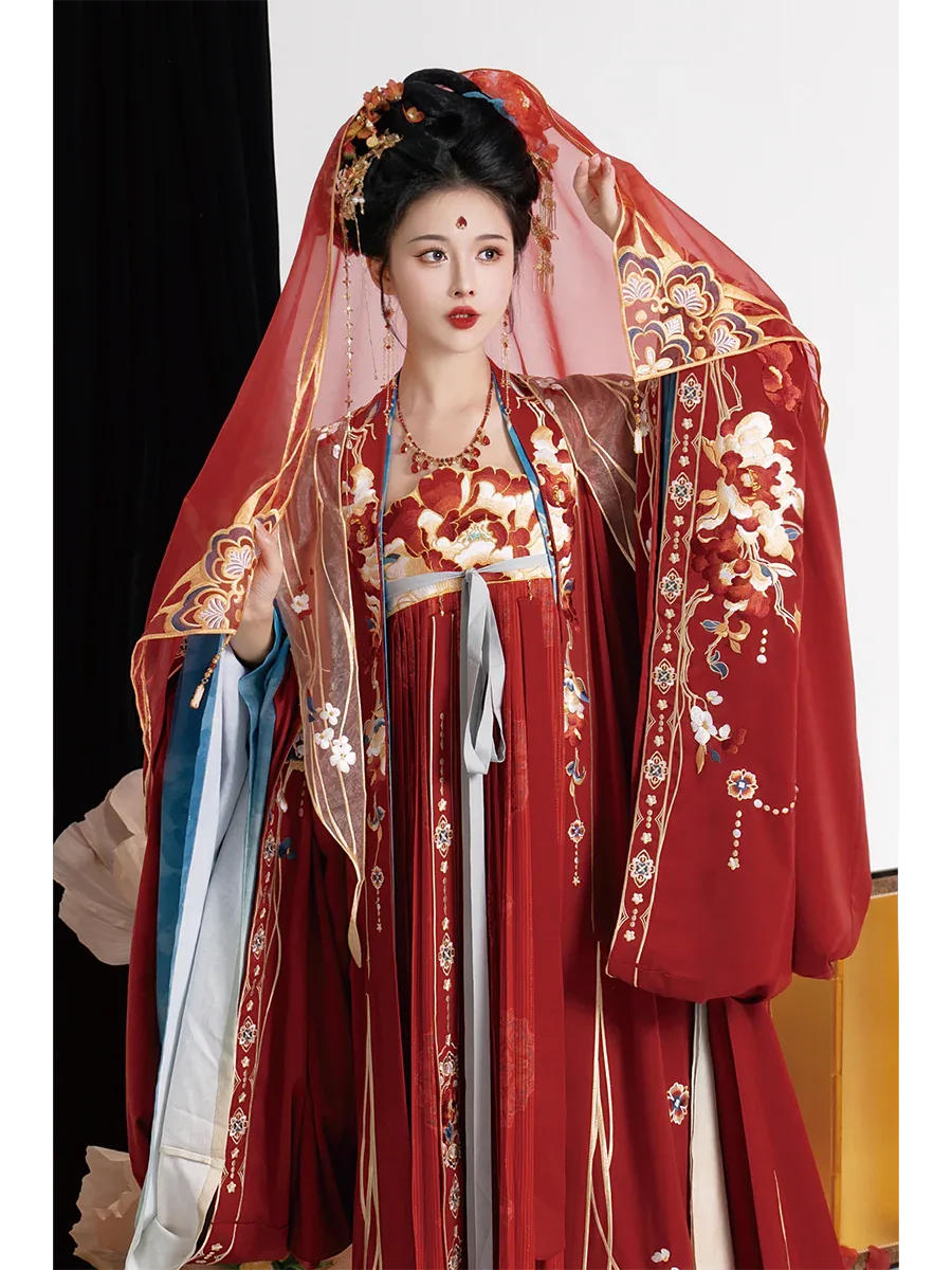Elegant authentic tang style bridal hanfu custom embroidered red wedding gown with flowing grand sleeves side view