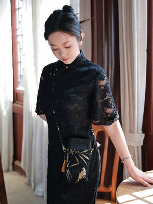 Elegant bamboo bird motif crossbody bag modern vintage style shoulder purse for women side view