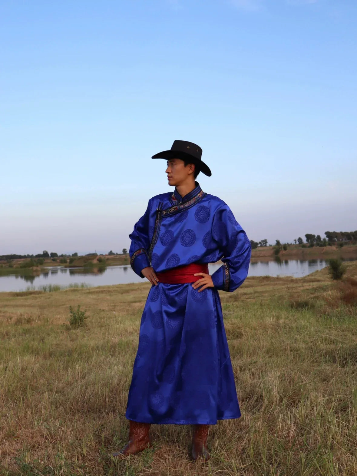 Elegant black mongolian inspired men robe modern ethnic daily wear for casual and work side view