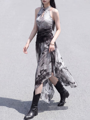Elegant black white gradient ink bamboo cut shoulder top ink smudge asymmetrical skirt versatile new chinese outfit for women side view


