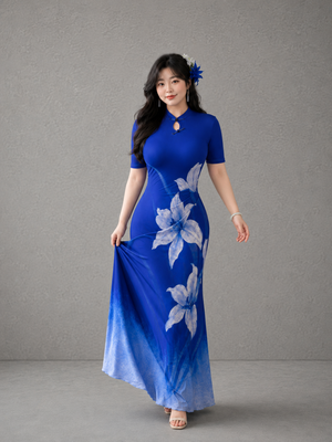  Elegant blue lily plus size cheongsam short sleeve mandarin collar long qipao dress for curvy women lily print detail