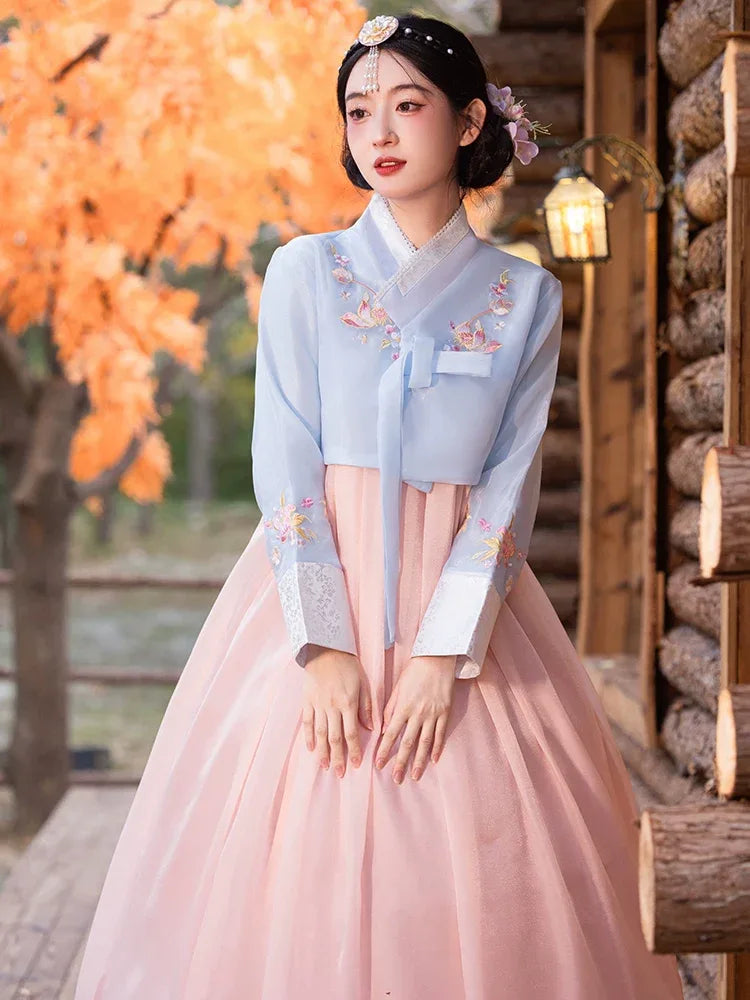 Elegant blue and pink traditional korean hanbok dress women costume for special occasions side view