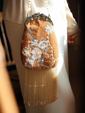 Elegant brown velvet evening clutch hand embroidered fringe detail traditional qipao bag side view