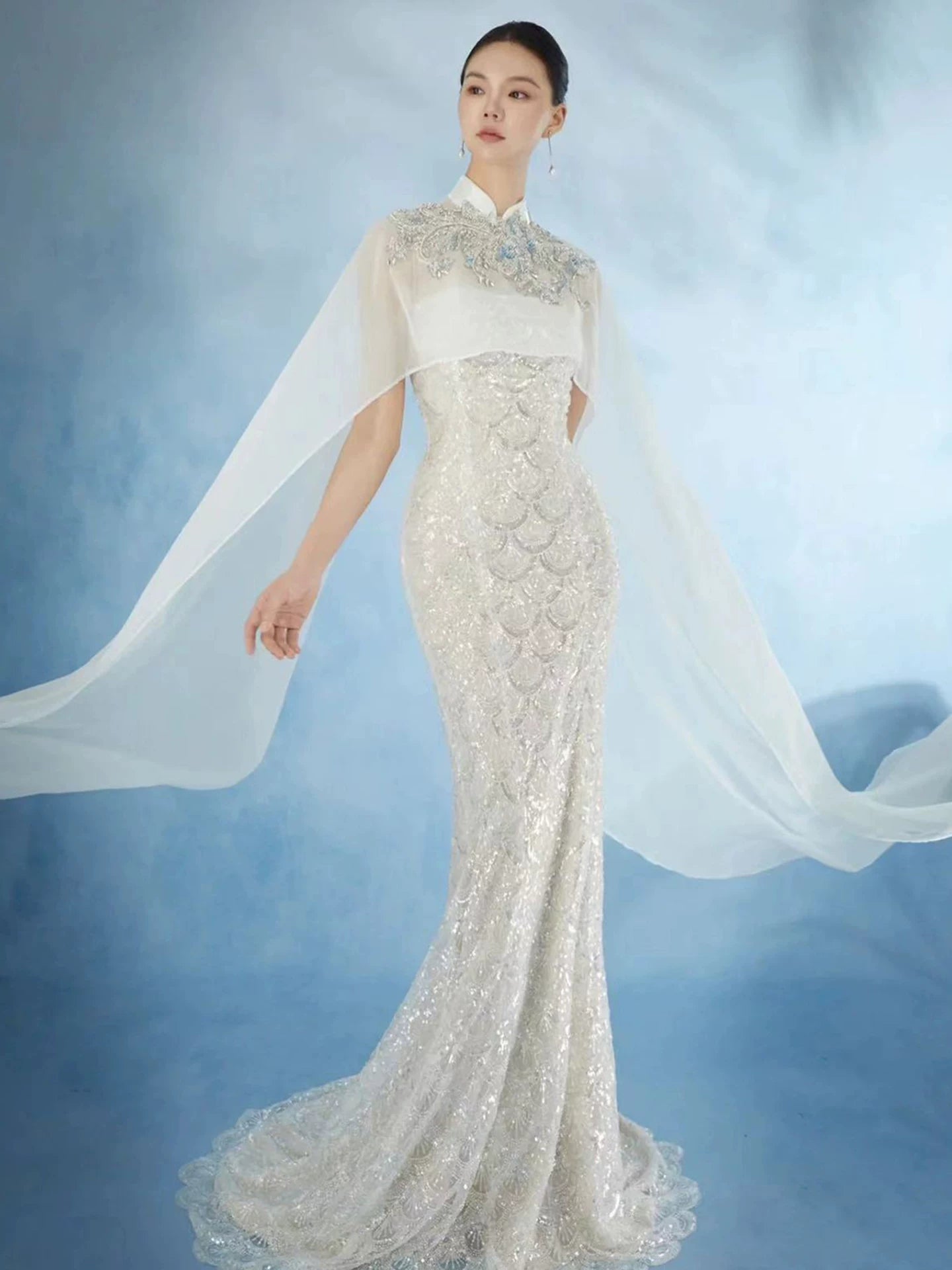 Elegant cheongsam evening dress light luxury niche high end adult ceremony new chinese style national style for host guzheng performance side view