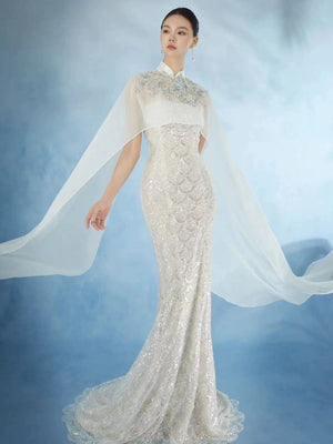Elegant cheongsam evening dress light luxury niche high end adult ceremony new chinese style national style for host guzheng performance side view