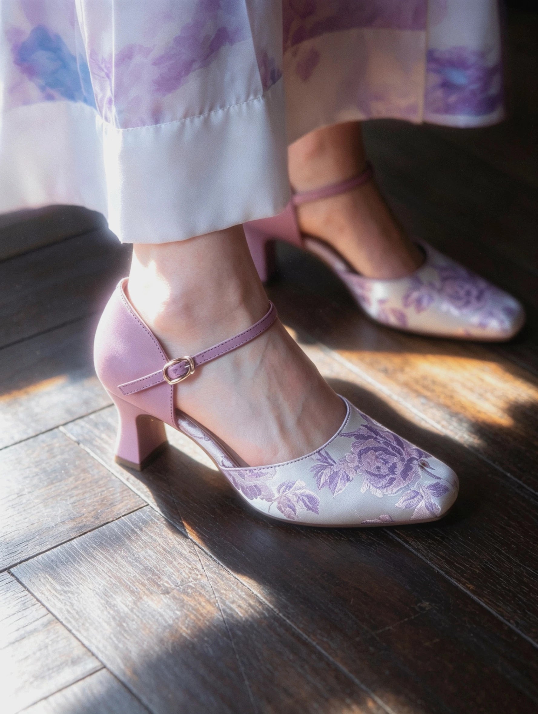  Elegant cheongsam heels pink lace floral t strap stiletto pumps chinese style wedding bridal shoes for qipao hanfu bride side view