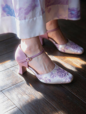  Elegant cheongsam heels pink lace floral t strap stiletto pumps chinese style wedding bridal shoes for qipao hanfu bride side view