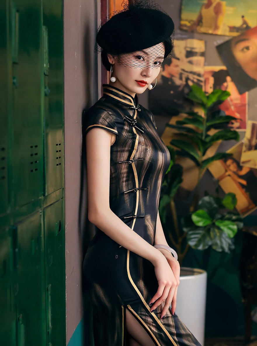 Elegant cheongsam qipao black sheer lace short sleeve midi dress with gold trim mandarin collar vintage glamour style for women side view