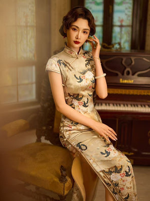 Elegant cheongsam qipao champagne white satin short sleeve slim maxi dress with ink bird floral print vintage luxe style for women side view
