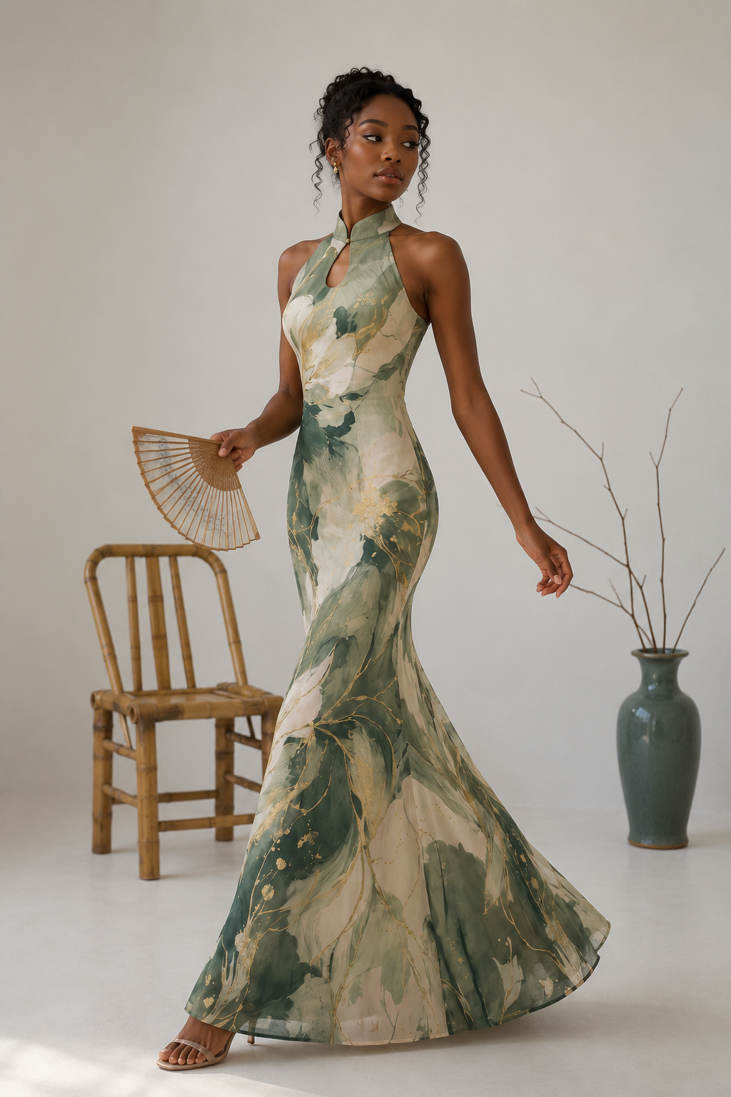  Elegant cheongsam qipao ink wash landscape print sleeveless mermaid maxi dress with mandarin collar modern chinese art style for women side view
