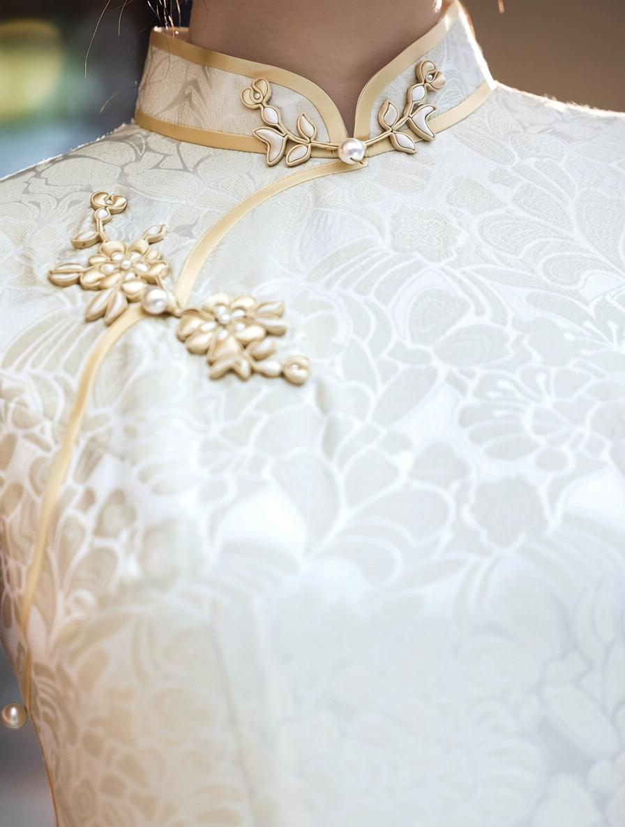 Elegant cheongsam qipao ivory white short sleeve slim maxi dress with side slit mandarin collar modern elegant style for women side view