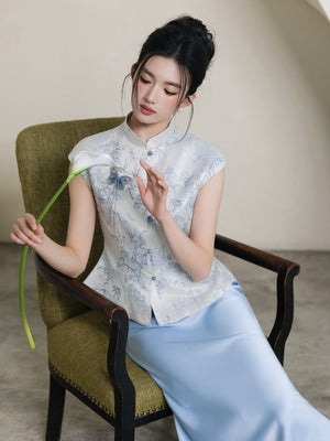  Elegant cheongsam qipao set white 3d floral sleeveless top with light blue high waist mermaid skirt modern elegant style for women side view