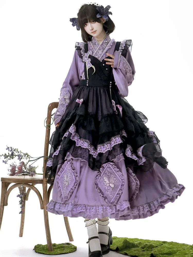 Elegant chinese inspired purple lolita dress daily wear with apron vintage maid style cottagecore touch for women side view